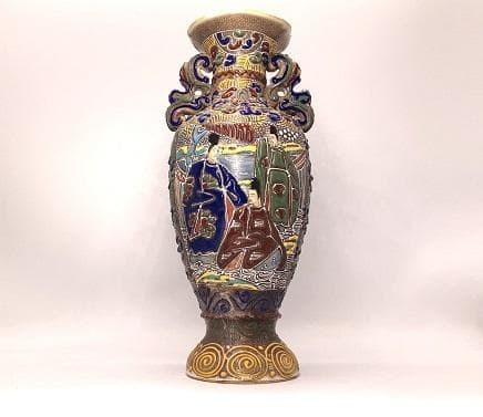 SATSUMA Pottery Flower Vase Samurai 12.4 in Antique Japanese Meiji Era Jar Pot