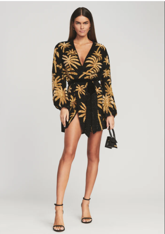 Retrofete Dress Womens XS Black Gold Gabrielle Sequin Palm Robe