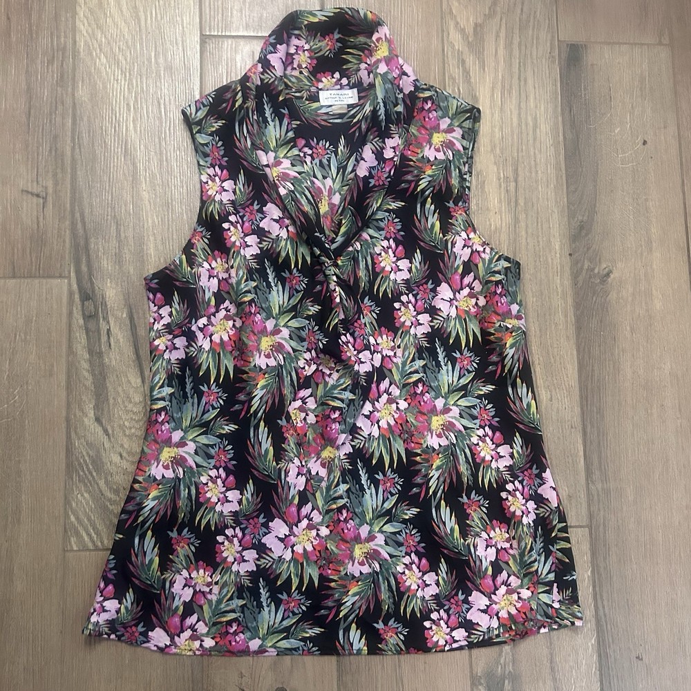 Tahari  Women's Sleeveless Floral Print Tie Neck Blouse Top Size Medium