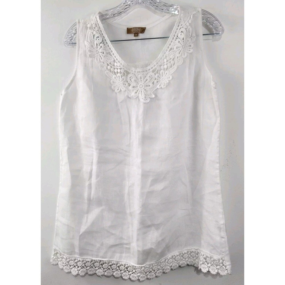Carla Conti 100% Linen White Sleeveless Woman's Tank Top Medium Crochet Lace