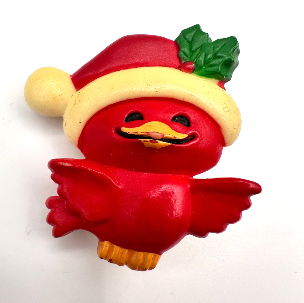 Vintage Christmas Cardinal Bird Brooch Pin Santa Hat Holiday Jewelry
