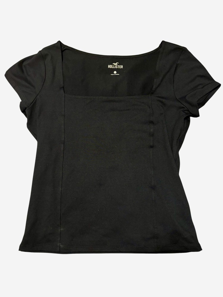 Hollister Black Cropped Square Neck Knit Short Sleeve Top Size L