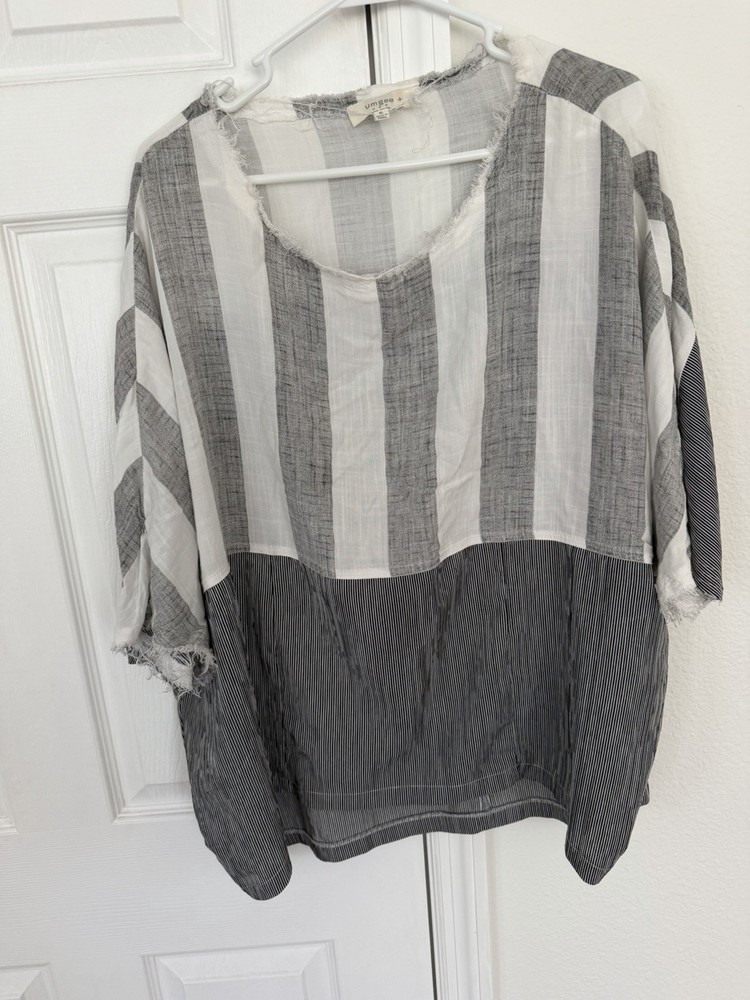 Umgee StripedTunic Mixed Stripe Raw Edge Oversized Top  Lightweight Women XL