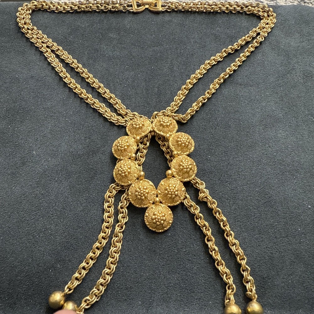 Vintage Crown Trifari Gold Tone Bolo Necklace Floral Tassel Statement Necklace