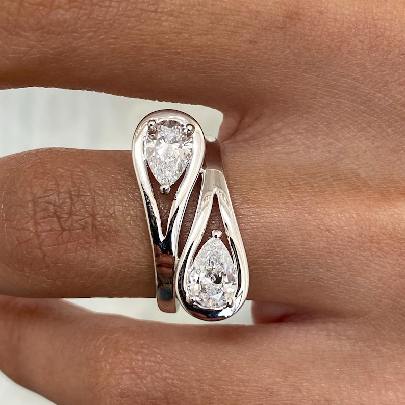 2.30 Ct Pear Simulated Diamond Women's Wedding Bypass Ring 14k White Gold Plated