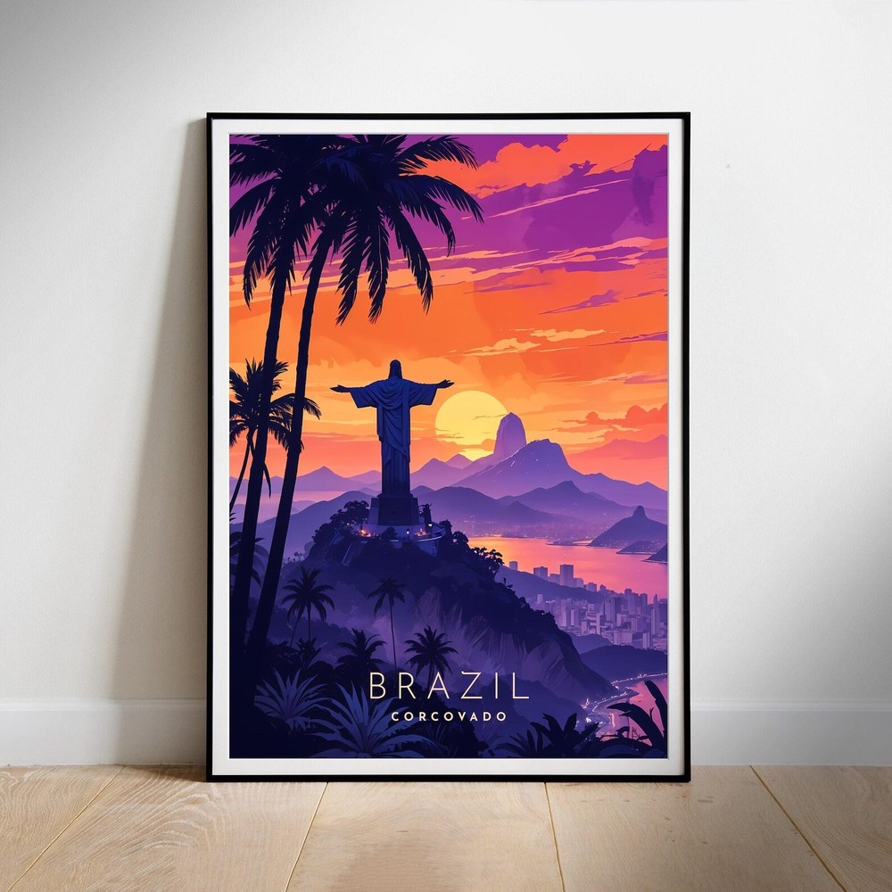 Brazil Retro Travel Poster Printable Wall Art Corcovado Instant Hanging Decor