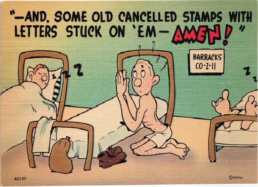 Vintage 1940s MWM Army Comic Postcard WWII Humor Barracks Collectible Card