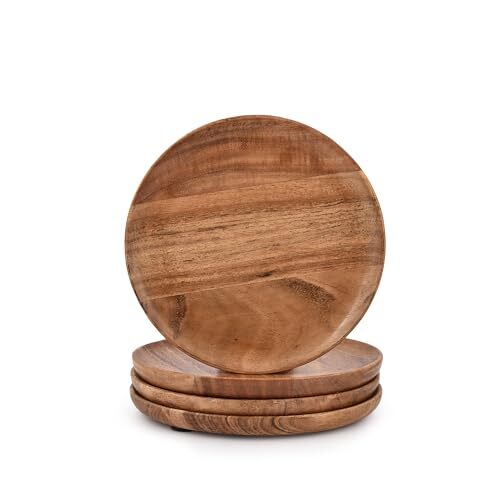 Acacia Wood Round Wood Plates Set Of 4 Easy Cleaning & Lightweight For Dishes Sn-image