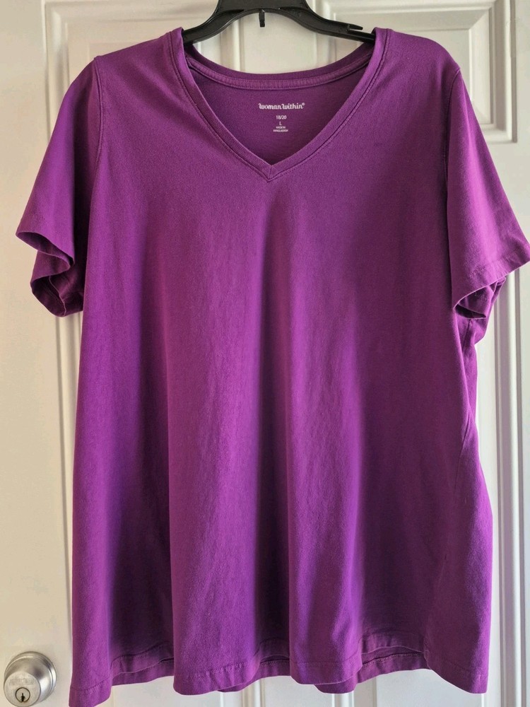 WOMAN WITHIN 100% Cotton Tee - Their Sz. L (18/20) - V-Neck, Short Sleeves
