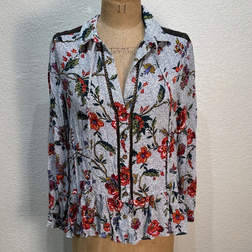 Anthropologie Maeve Women Size 6 Floral Long Sleeve Button-Up Ruffle Blouse
