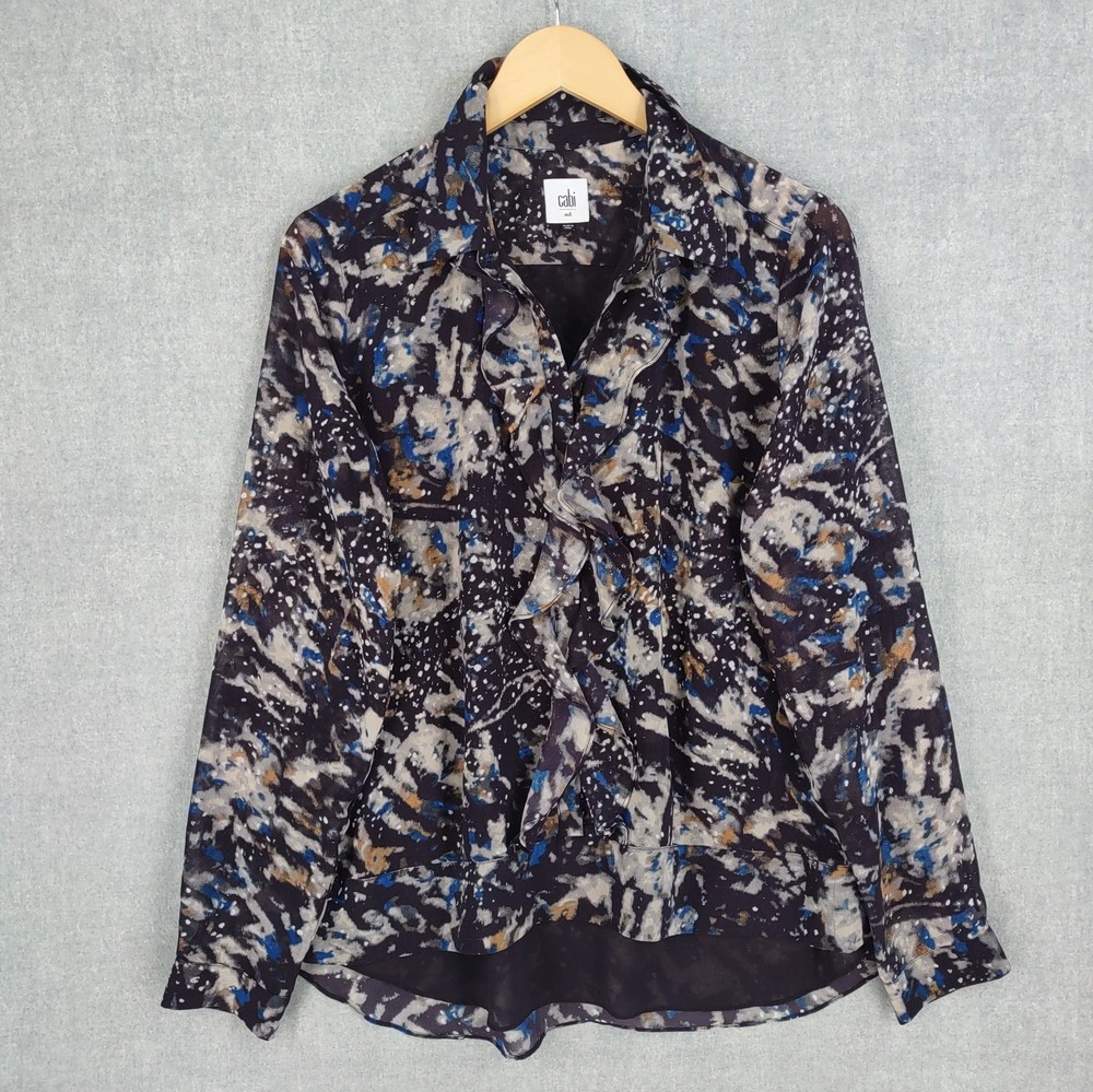 Cabi Starry Night Top Medium Sheer Chiffon Ruffled Button Up Western Bohemian