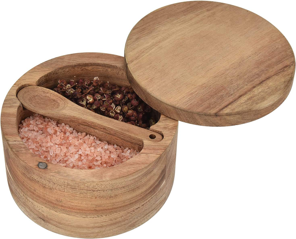 Acacia Wood Salt and Pepper Cellar with Swivel Magnetic Lid Serving Spoon inside-image