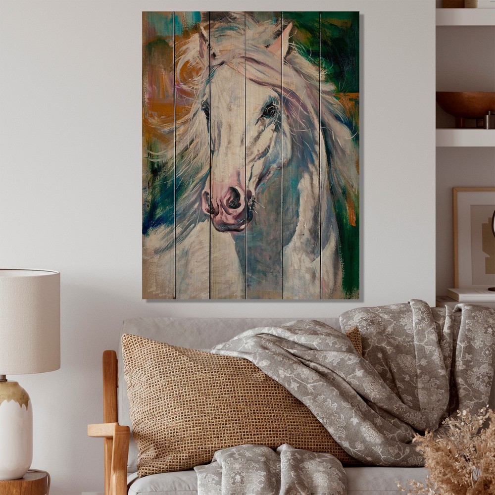 Designart 'Beautiful White Horse Portrait' Farmhouse Wood