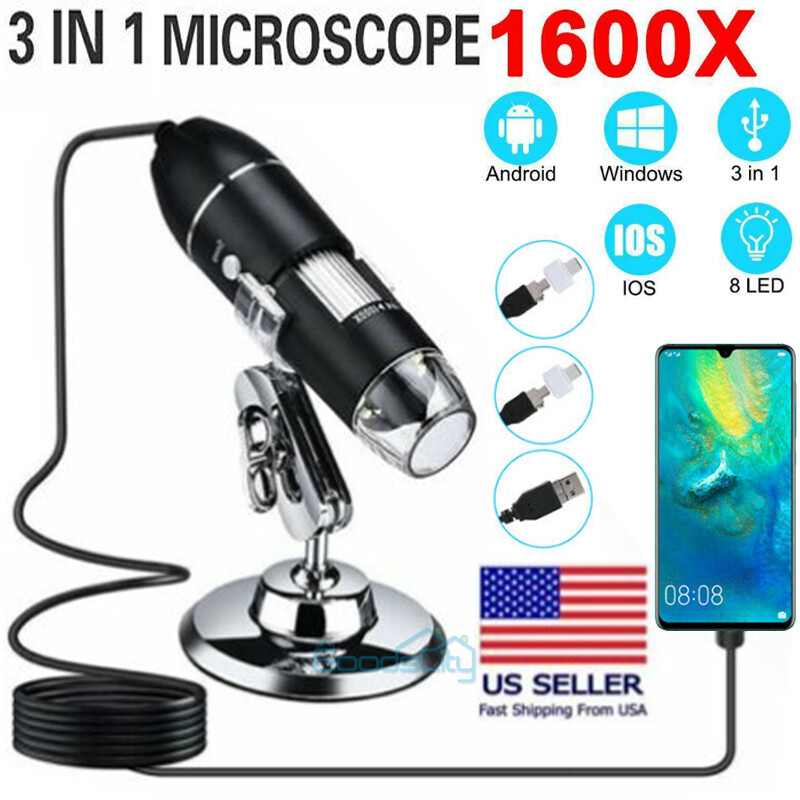 1600X 3in1 USB Digital Microscope for Electronic Accessories Coin Inspection US