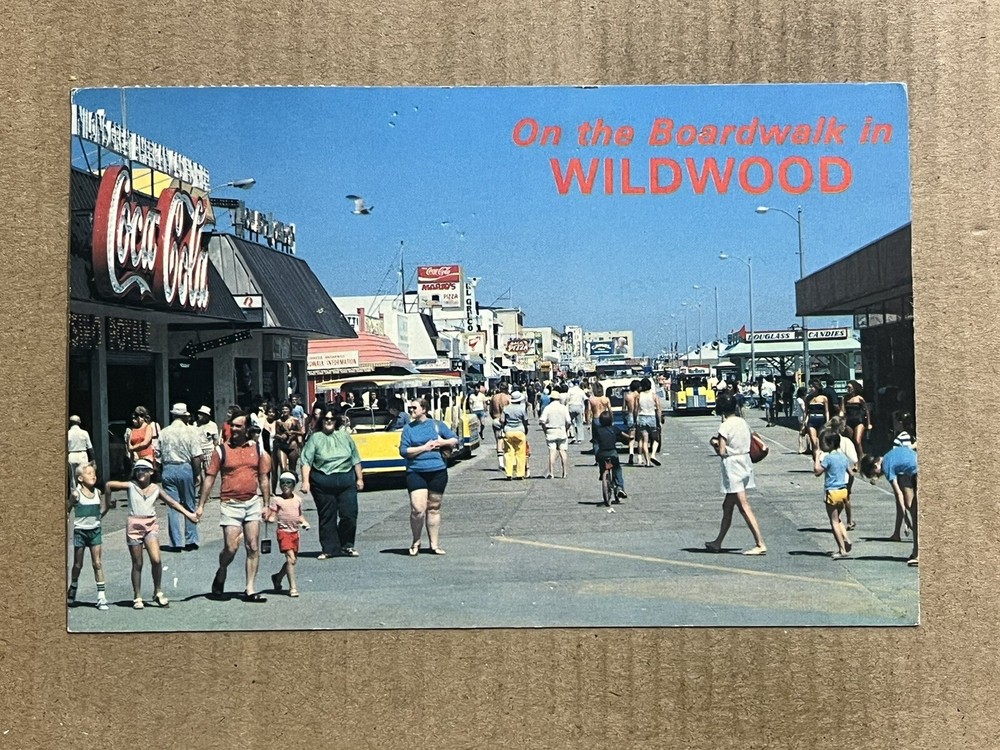 Postcard Wildwood NJ Boardwalk Pizza Douglass Candies Coca Cola Sign Vintage PC