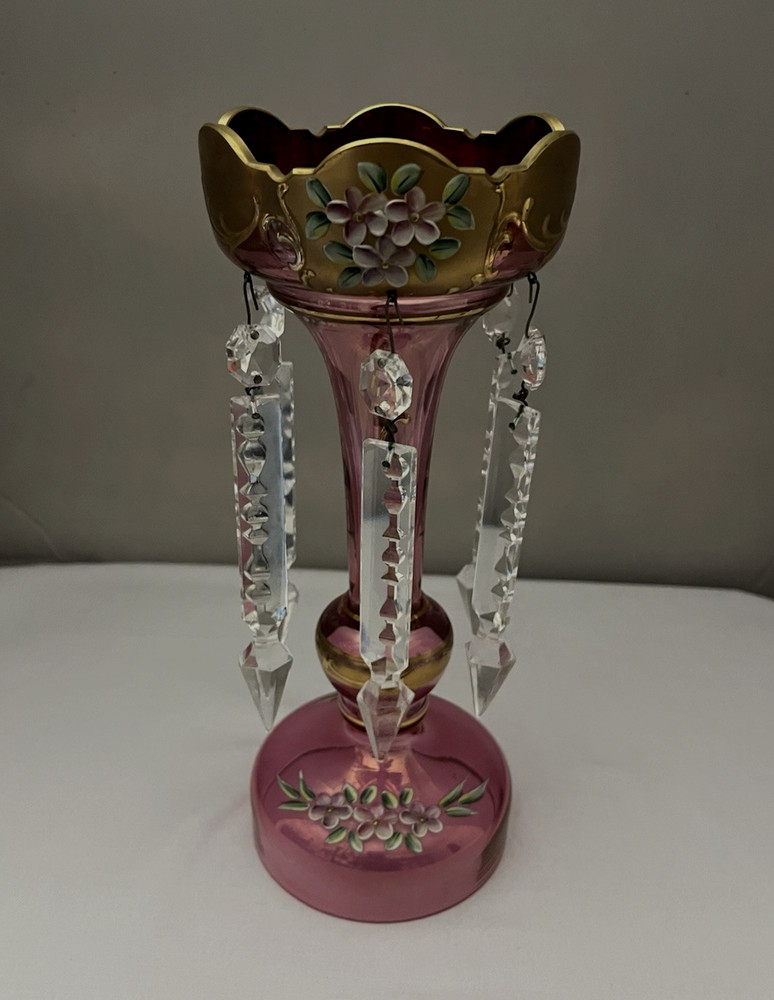 Antique Victorian Pink Glass Mantle Luster with Enameled Pink Flowers 10.25
