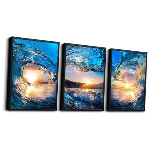DZRWUBHS 20x28inches*3pcs(Black Framed) Ocean Waves Paintings Black Framed