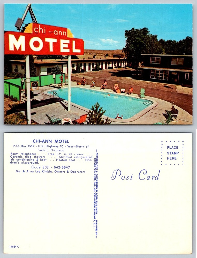 Vintage Chi-Ann Motel Pueblo Colorado Swimming Pool Chrome Postcard