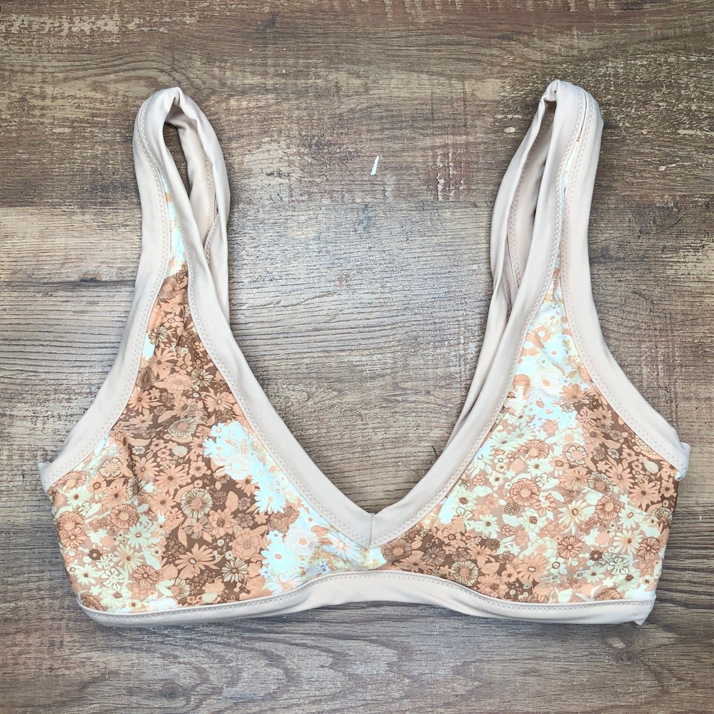 Bikini Aerie Natación Scoop Top Ditsy Floral Talla Mediana Nuevo sin Etiquetas Tostado Marrón Naranja Blanco