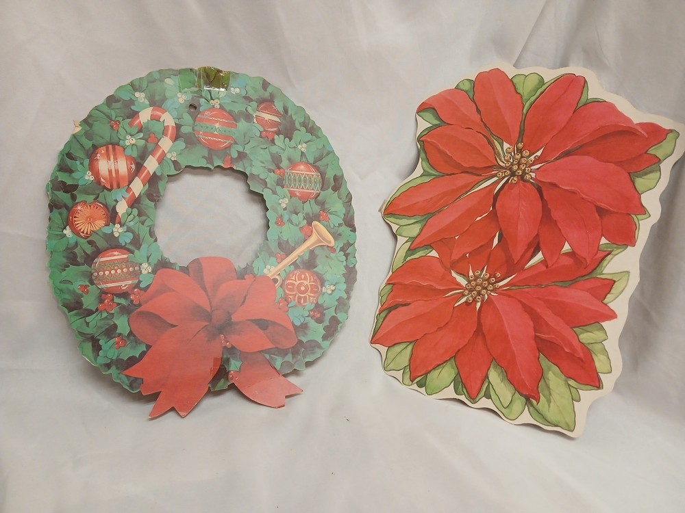 Christmas Vtg Double Sided Die Cut Cardboard Decorations Set Of 2 Eureka WREATH