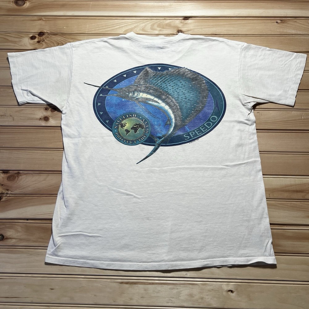 Vintage 1998 Speedo Marlin Sail Fish Fishing Shirt Size Large Distressed