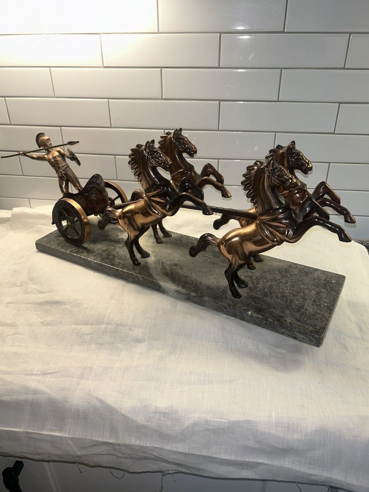Vintage Achilles Chariot Horses Metal Sculpture on Marble Base 22 Inch Greece-image