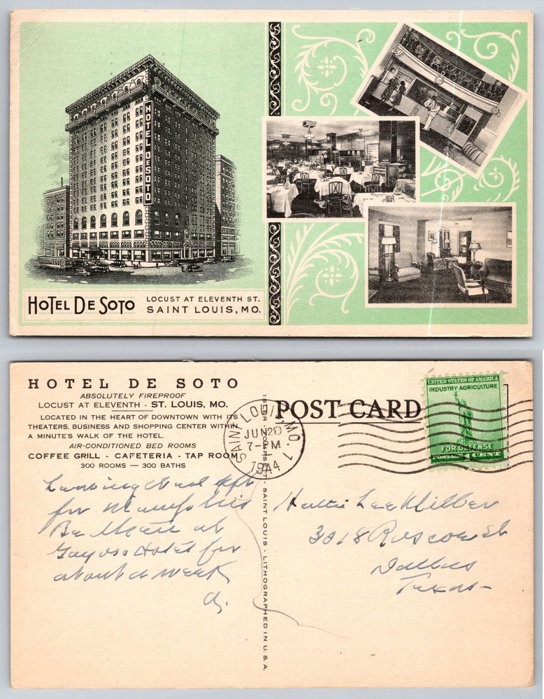 Hotel De Soto St. Louis MO Postcard 1944 Postmarked Vintage