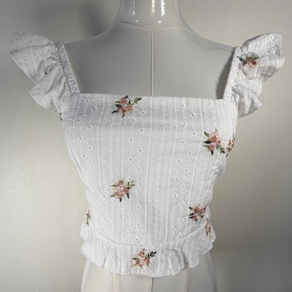 Kirious Los Angeles Crop Top Women Small White Eyelet Floral Tie Back