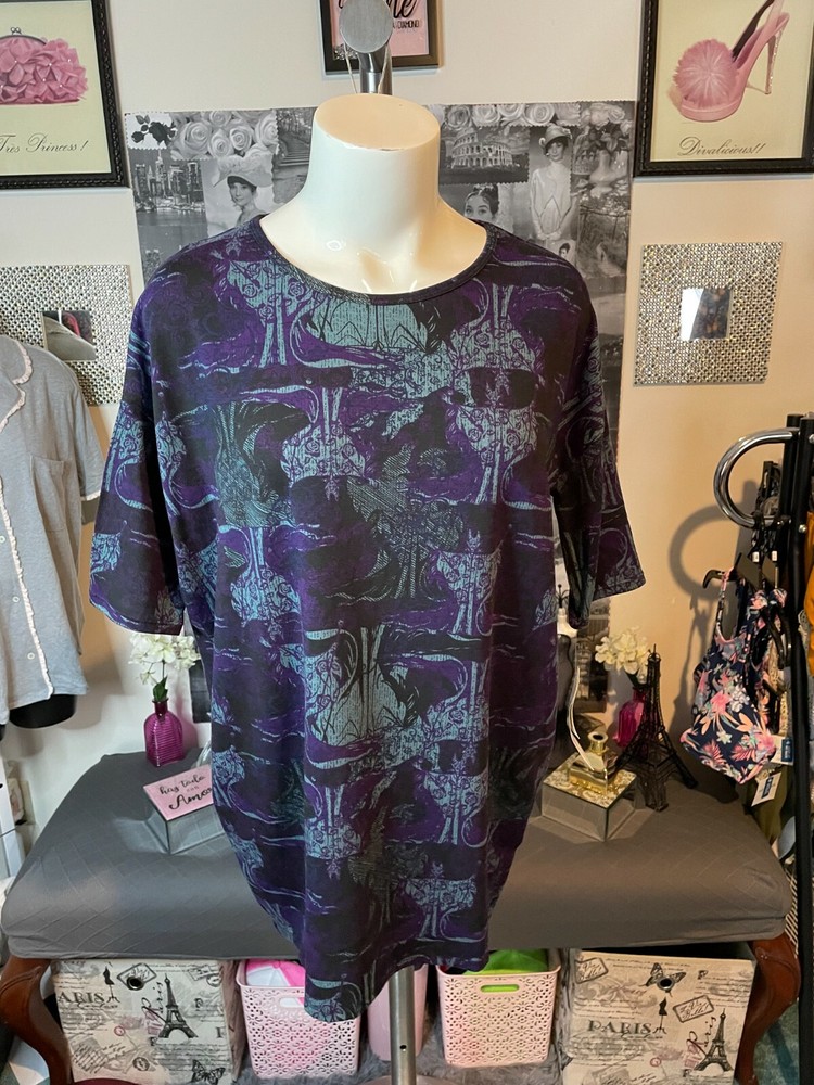 New Woman's LuLaRoe Black with Blue Purple Pattern Short Sleeve IRMA Top  XXS