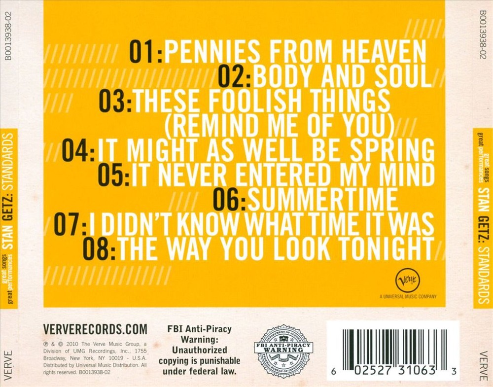 STAN GETZ STANDARDS: GREAT SONGS GREAT PERFORMANCES NEW CD