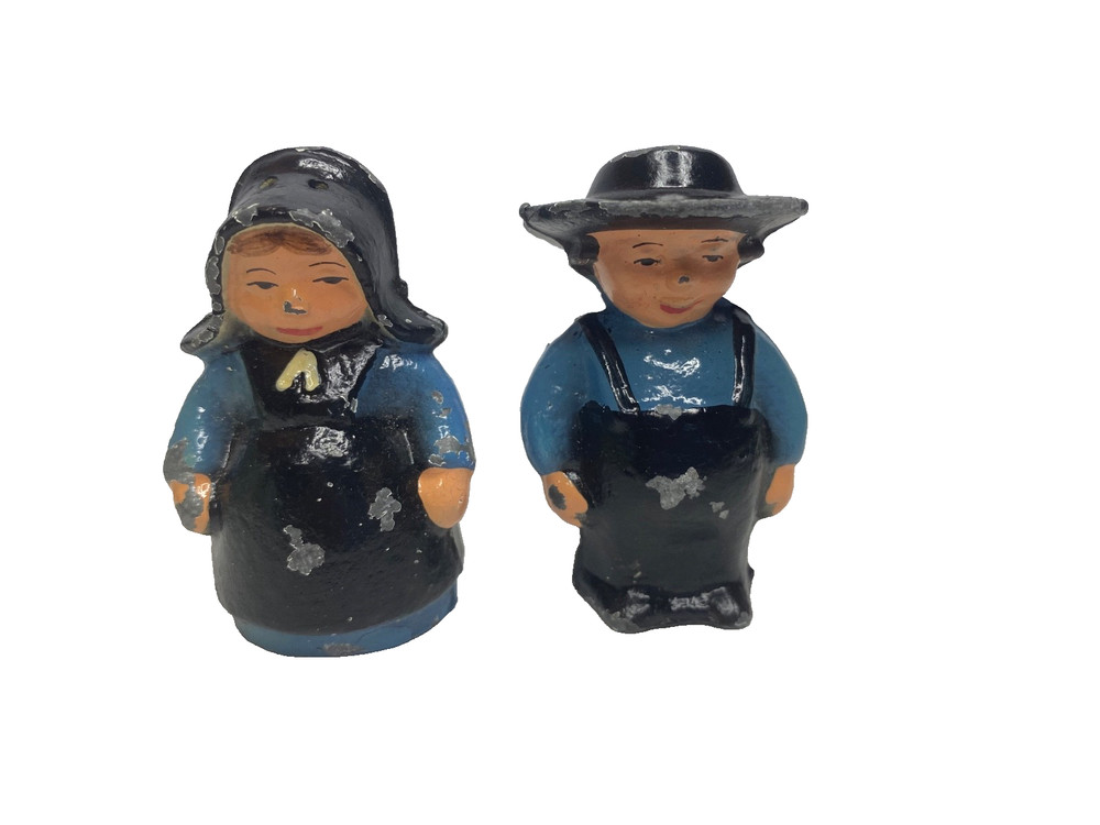 Vintage Cast Iron Salt & Pepper Shakers Mini Amish Couple Man & Woman Blue Black
