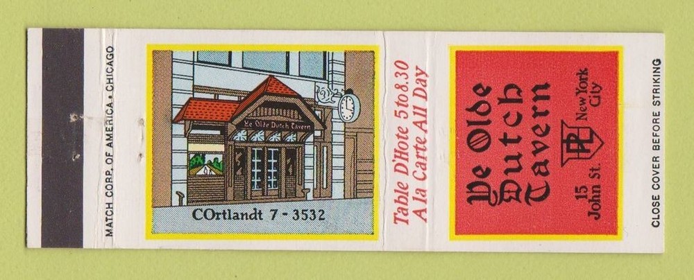 Matchbook Cover - Ye Olde Dutch Tavern New York City