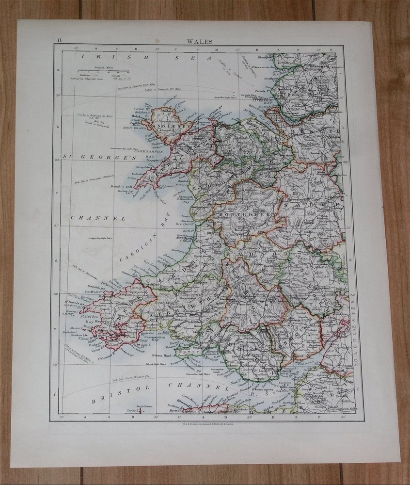 1904 Original Antique Map Of Wales / Verso Northern England York Durham Man Isle
