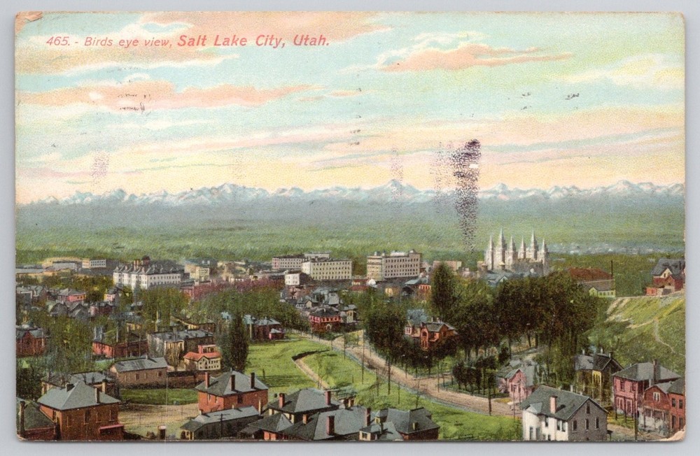 1910 Salt Lake City UT Birds Eye View Postcard Wasatch Mountains Temple