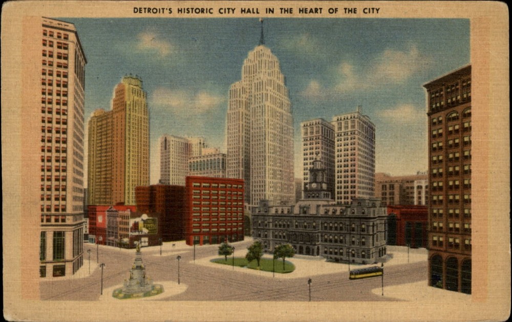 Michigan Detroit City Hall heart of city ~ 1930s linen postcard