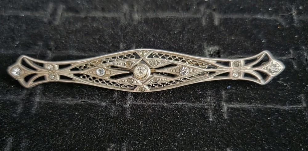 Antique Sterling Silver Filigree Art Deco Bar Brooch Pin Victorian Rhinestone