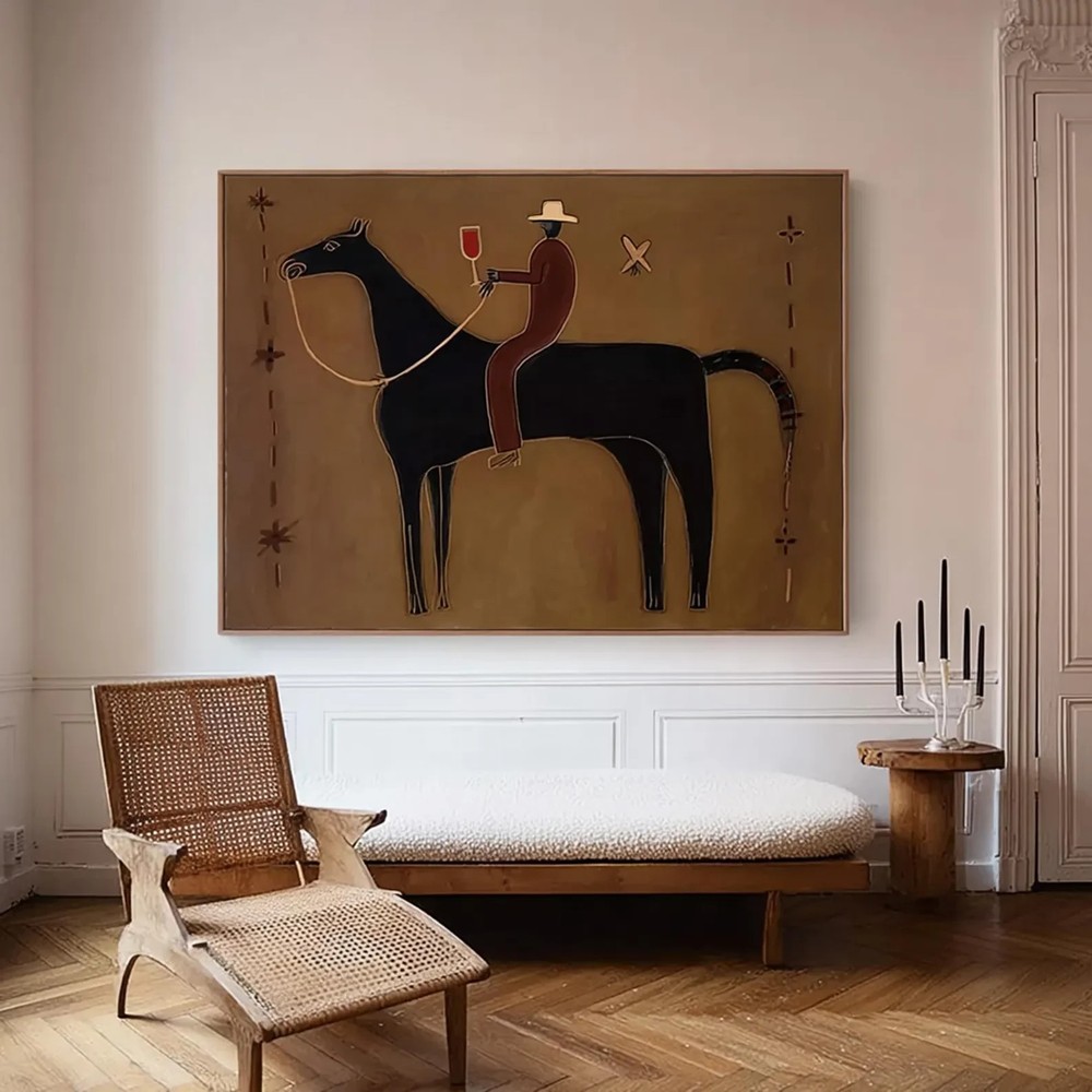 Abstract Horse Rider Painting Brown Minimalist Vintage Wall Art