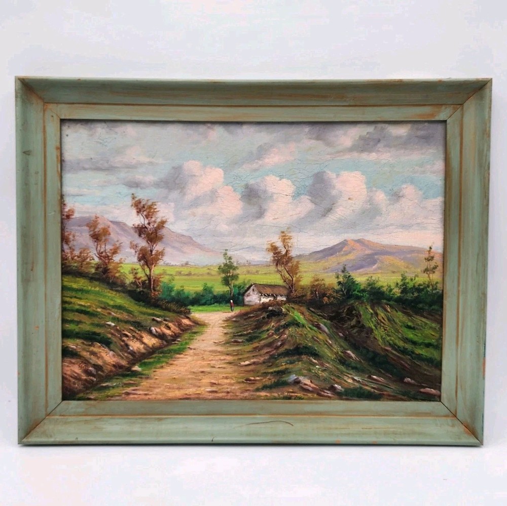 Vintage European Oil Painting Landscape Cottage Mountain 22x18 Framed Original