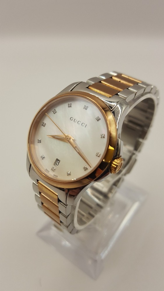 SWISS GUCCI 126.5 2-TONE GOLD PLATED QUARTZ LADIES WATCH WITH DIAMOND INDICES.