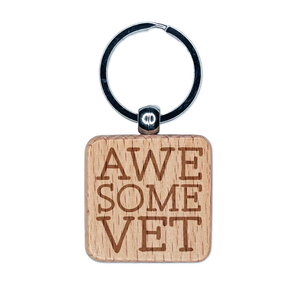 Personalized Vet Keychain with Engraved Wood Square Design