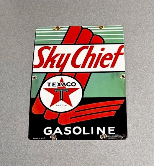 Vintage 18” 1950 Texaco Sky Chief Gasoline Porcelain Sign Car Gas Oil Motorcycle