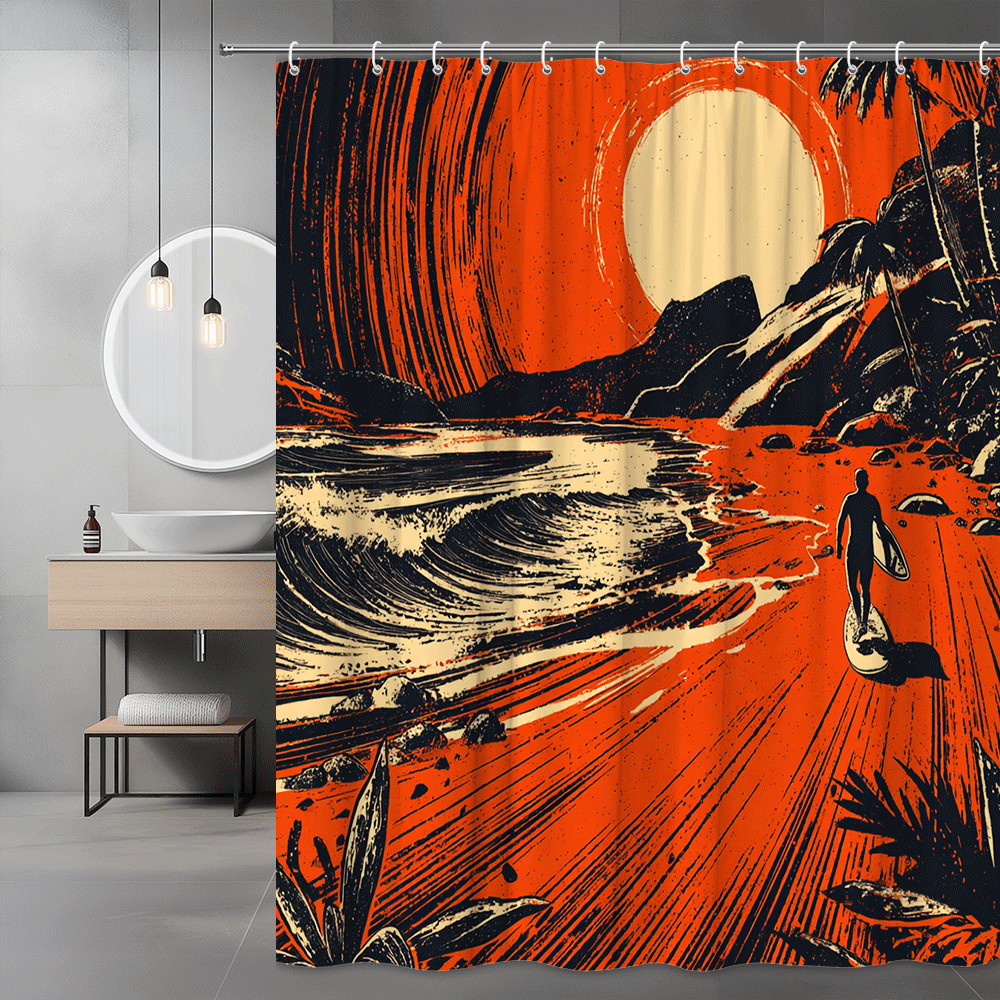 Surfing Sunset Beach Shower Curtain Orange Black Graphic