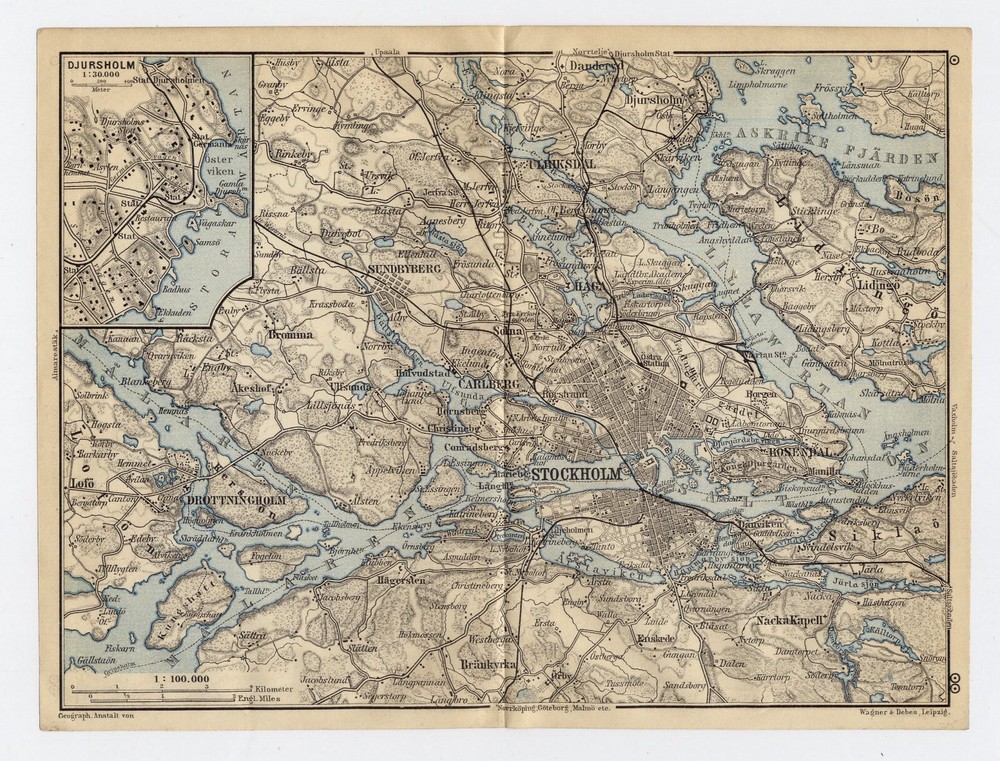 1903 Original Antique Map Of Vicinity Of Stockholm / Sweden