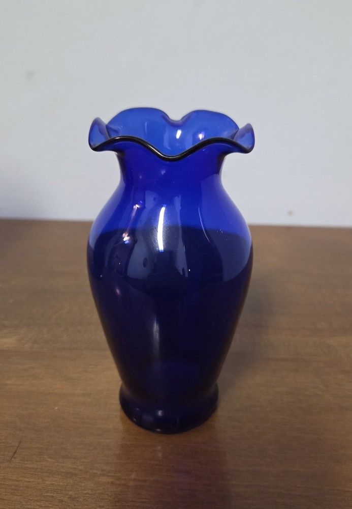 Cobalt Blue Ruffled Rim Glass Flower Bud  Vase 5.25 In Tall