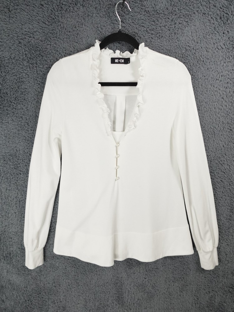 ME + EM Top Womens UK 8 White Blouse Tunic Frilly Long Sleeve V Neck Viscose