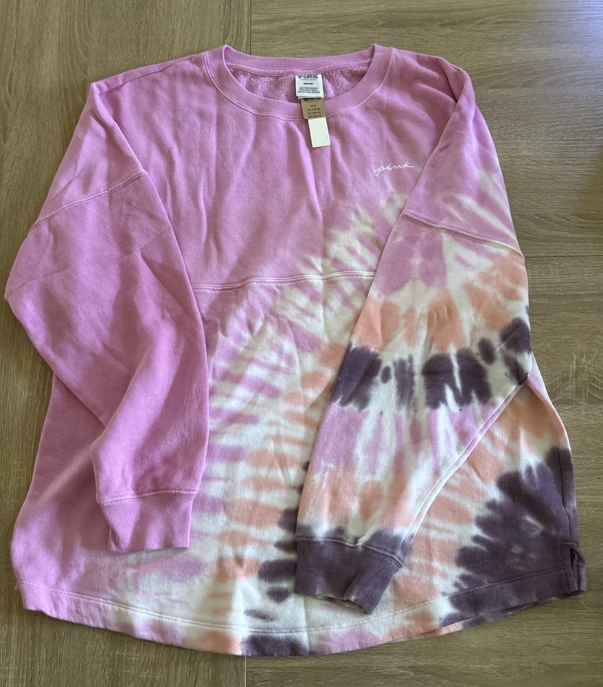 NEW Victoria Secret Pink TIE DYE Logo CAMPUS  VARSITY PULLOVER SWEAT SHIRT M