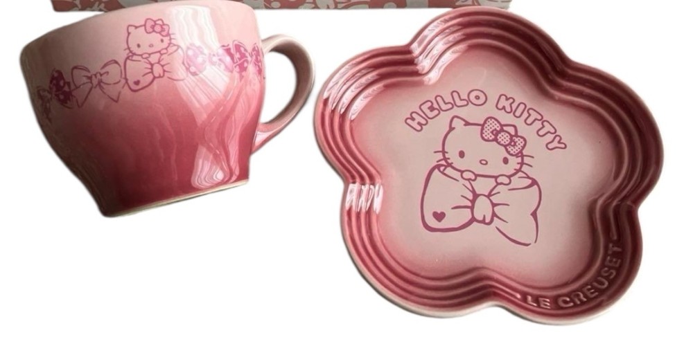 Le Creuset x Hello Kitty Limited Edition Tea Cup And Tea Cup Plate  No Box Rare