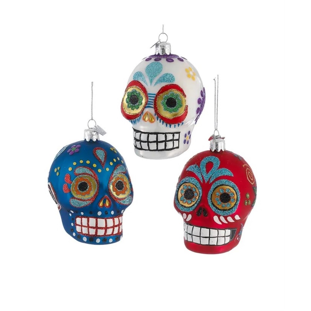 Kurt Adler Noble Gems Sugar Skull Glass Christmas Ornaments, Assorted, Pack of 3
