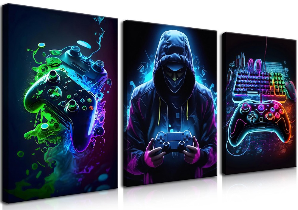 Cool Gaming Canvas Wall Art Set of 3, Video Game Poster Pictures, Neon Gamepa...