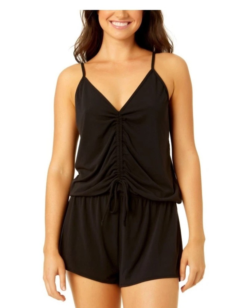 Salt + Cove Women's Juniors' V-Neck Front-Cinch Sleeveless Romper Black Small